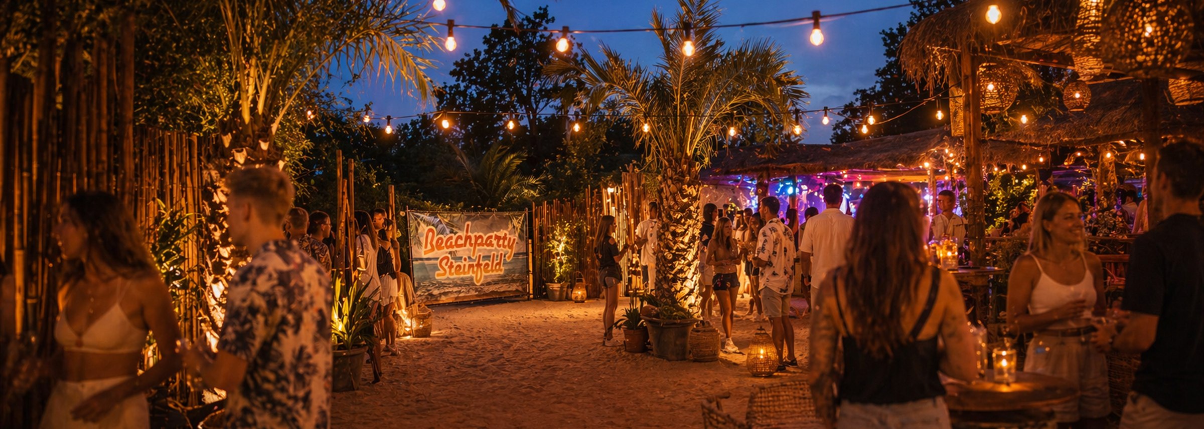 Warme Strandparty-Szene mit Palmen, Lichterketten, Sand und Beachparty Steinfeld Banner